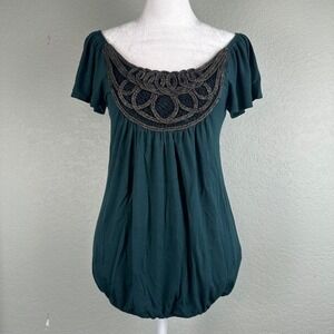 Soprano Blouse Women Size S Green Boho Tunic Top Metallic Braid Flutter Sleeve